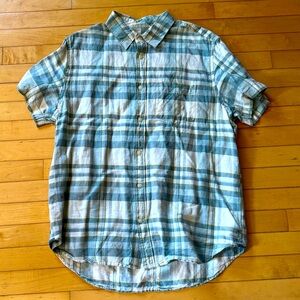 GAP Men's large green White Plaid linen cotton camp shirt short sleeve madras